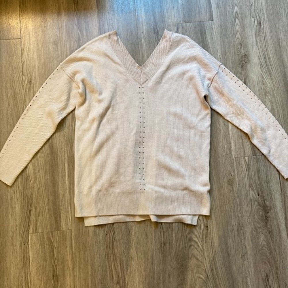 Topshop Wool Blend Taupe Ribbed V-Neck Sweater Size 8 - Picture 4 of 9